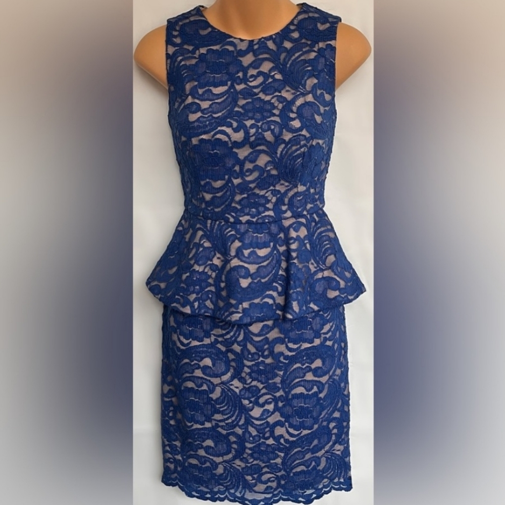 Blue and Nude Lace Peplum Pencil Dress
